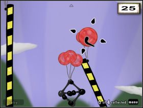 Ja mogę podać Ci taką oto przykładową kolejność działania: dodaj balon do dwójki już użytych (platforma ruszy do góry), wolny przenieś na dolny poziom, do zaczepu przypnij cztery (szlaban zacznie się podnosić), ostatni balon kiedy stanie się to możliwe (24 ) przyklej do kwadratu i sukcesywnie dodawa - Flying Machine | Rozdział 1 | World of Goo - World of Goo - poradnik do gry