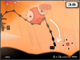 Kiedy uznasz, że piękne goo znajduje się wystarczająco wysoko nad zeskokiem, odepnij balony podtrzymujące końcówkę lepkiego kabla (39 ) - Beauty and the Electric Tentacle | Rozdział 2 | World of Goo - World of Goo - poradnik do gry