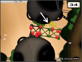 Dobuduj do istniejącej konstrukcji jeden kwadrat i żółtym glutem przyczep się do obracającego się u góry mechanizmu (33 ) - The Third Wheel | Rozdział 3 | World of Goo - World of Goo - poradnik do gry