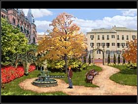 Na miejscu George podchodzi do przyczepy z lodami (po prawej), puka do okienka i zamawia u lodziarza porcję lodów - Park Rouge; Cafe de la Chandelle Verte; France Nationale | Paryż - Broken Sword 2,5: The Return of the Templars - poradnik do gry