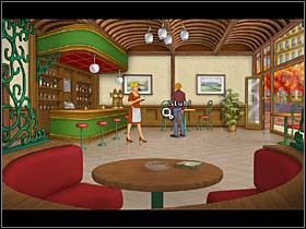 Wchodzi do lokalu po lewej i rozmawia chwilę z kelnerką, po czym siada przy stoliku pod ścianą - Park Rouge; Cafe de la Chandelle Verte; France Nationale | Paryż - Broken Sword 2,5: The Return of the Templars - poradnik do gry