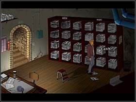 Wędruje pod drzwi do sutereny i odgiąwszy wsuwkę (PPM w ekwipunku), otwiera je przy jej pomocy - France Nationale; Rue Jarry | Paryż - Broken Sword 2,5: The Return of the Templars - poradnik do gry