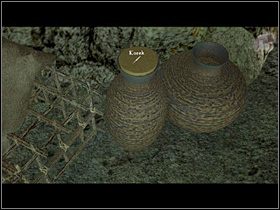 Powróciwszy do części jaskini z legowiskiem potwora, przygląda się dwóm klatkom (w centrum), szczególnie mniejszej z nich (zbliżenie), przy której stoją dwie wazy - Znaleźć wyjście z jaskini | Jaskinia | Zaginiona historia Tale of Hero - Zaginiona historia: Tale of Hero - poradnik do gry