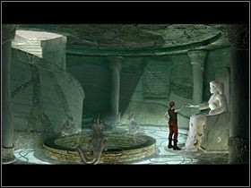 Zszedłszy tam, Olaf odczytuje tajemnicze zapiski z wiszącej na ścianie kamiennej tablicy, przygląda się pustej studni i otaczającym ją gargulcom, wreszcie usytuowanemu po prawej posągowi bogini życia i młodości - Zdobyć żywą wodę | Wioska | Zaginiona historia Tale of Hero - Zaginiona historia: Tale of Hero - poradnik do gry