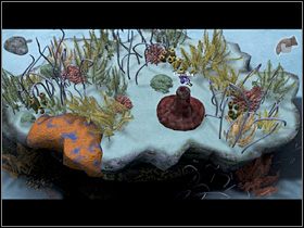 Wypłynąwszy z rafy, na niewielkiej płaskiej skałce przed nią (zbliżenie), odkrywa zabawne stworzenie - chichoczące, kiedy podrażnia się jego nibynóżki i chowające je, jeśli dotknie się ich w odpowiedniej kolejności - Otworzyć skrzynkę; Zdobyć grudkę śmiechoplujki | Głębiny oceanu - Zaginiona historia: Tale of Hero - poradnik do gry