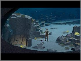 W tej sytuacji Olaf płynie w prawo, mija dwie wystające z dna oceanu kamienne głowy kolejnych posągów, od których wiodą dwie ścieżki, w prawo i w lewo (w dół ekranu) - Odkleszczyć szczękę małży; Dostarczyć towarzystwo Maleństwu | Głębiny oceanu - Zaginiona historia: Tale of Hero - poradnik do gry