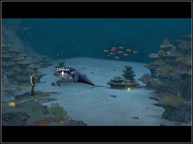 W tym celu Olaf płynie do smoczej jaskini na dnie rowu, gdzie udaje się w głąb rowu i przyczepia do lustra prowizoryczny balon z dziwacznej żółtej rośliny, po czym wyjmuje kamień z kotła (kliknij zawieszone zwierciadło) i lustro szybuje w górę - Odkleszczyć szczękę małży; Dostarczyć towarzystwo Maleństwu | Głębiny oceanu - Zaginiona historia: Tale of Hero - poradnik do gry