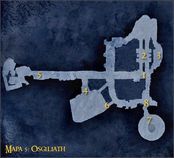 Legenda: 1 - miejsce startu oraz punkt kontrolny - Misja 4 - Obrona Osgiliath (cz.1) - Kampania sił dobra - Władca Pierścieni: Podbój - poradnik do gry
