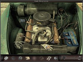 Nalewa do otworu w chłodnicy wody z reklamówki i probuje zatkać go korkiem - Archiwum, samochód; kran w kamienicy | Kuba, Hawana - Art of Murder: Klątwa Lalkarza - poradnik do gry