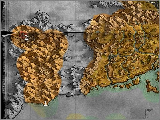 Porozmawiaj z Oficerem stojącym na brzegu Pustkowia [1] a następnie idź poprzez wąwozy i tunele na północ, do Wielkiej Machiny [2] - Rozdział 10 | Kampania Światła w Sacred 2 Fallen Angel - Sacred 2: Fallen Angel - poradnik do gry