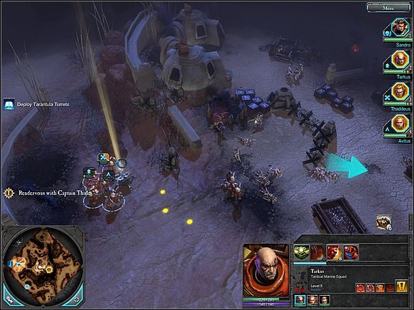 Ustaw Avitusa i Tarkusa za jakąś przeszkodą (niedaleko radiolatarni), by mogli komfortowo ostrzeliwać nadchodzących Obcych - 4. The Defense of Argus Gate | Główny wątek Warhammer 40,000 Dawn of War II - Warhammer 40,000: Dawn of War II - poradnik do gry