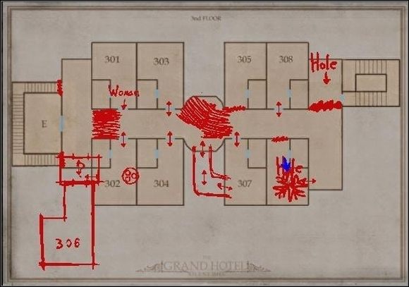 Zbliż się do malowidła na ścianie, uzbrój się w nóż i rozetnij je - Grand Hotel 3 piętro | Silent Hill i Areszt w Silent Hill Homecoming - Silent Hill: Homecoming - poradnik do gry
