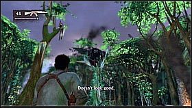 Po zgarnięciu kolejnego skarbu Drake wykonał skok na wystające drzewo[1] - przechyliło się ono wystarczająco, aby wejść na nie i przejść dalej - Rozdział 4 Plane-wrecked (cz.2) | Przygoda | Solucja Uncharted Drakes Fortune - Uncharted: Drakes Fortune - poradnik do gry