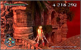 Pierwszy z fragmentów artefaktów znajduje się na balkonie, do którego wskoczysz z barierki (w tym samym miejscu, co poprzednim razem będąc na tej arenie) - [ETAP] Wielka Brama (wieczór) i (ciemność) | X-Blades - X-Blades - poradnik do gry