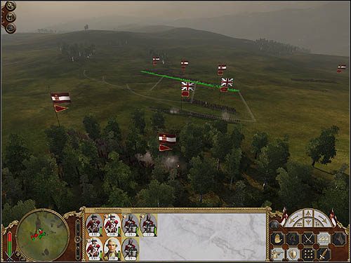 Piechota liniowa strzela z muszkietów, podczas gdy dragoni atakują wrogów od tyłu, strzelając spomiędzy drzew. - Jazda (cz.1) | Bitwy lądowe w Empire Total War - Empire: Total War - poradnik do gry