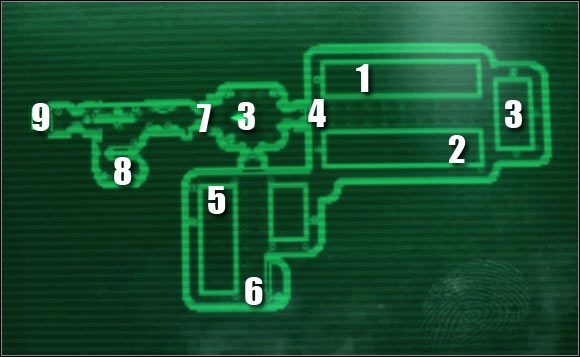 Oznaczenia na mapie: 1 - cela, w której rozpoczynasz zabawę - Główne questy - QUEST 1 (cz.2) | Mothership Zeta | Fallout 3 - Fallout 3 - poradnik do gry