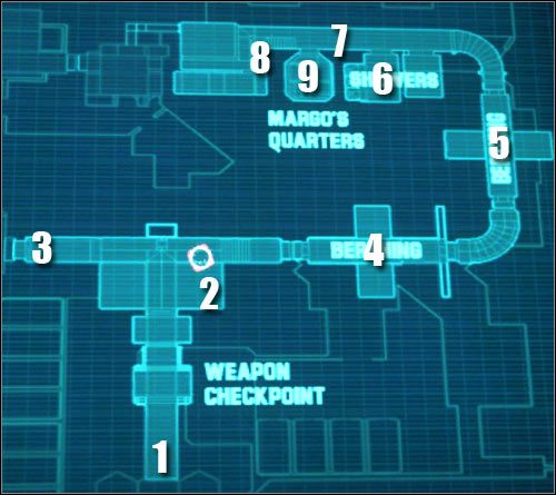 Oznaczenia na mapie: 1 - miejsce startu - Etap 42 - Crewquarters (cz.1) - Assault on Dark Athena - Kroniki Riddicka: Assault on Dark Athena - poradnik do gry