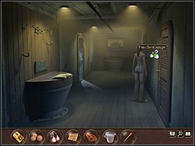 Zatem Nina maszeruje w głąb korytarza (w dół ekranu), gdzie ze ściany po lewej zdejmuje wiosło (można przeczytać leżącą na blacie gazetę, informującą o mającym odbyć się wkrótce w Nowym Jorku z powodu serii katastrof naturalnych Zgromadzeniu Ogólnym ONZ oraz o obradach Komisji Ekspertów, w których - Morze Północne - Rejs statkiem wycieczkowym Calypso (cz.1) - Tajne akta 2: Puritas Cordis - poradnik do gry