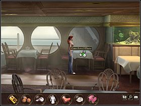 Kiedy transmisja się kończy, dziewczyna z pierwszego stolika zabiera bukiet róż , a z drugiego otwieracz do butelek w kształcie kotwiczki - Morze Północne - Rejs statkiem wycieczkowym Calypso (cz.2) - Tajne akta 2: Puritas Cordis - poradnik do gry