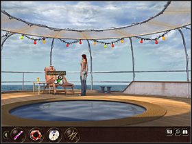 Nina zagaduje barmana, wypytując go o transmitowane przez TV kazanie nawiedzonego Pata Sheltona (mężczyzna zdaje się podzielać jego poglądy) oraz o leżące na kontuarze karty do kajut - Morze Północne - Rejs statkiem wycieczkowym Calypso (cz.2) - Tajne akta 2: Puritas Cordis - poradnik do gry