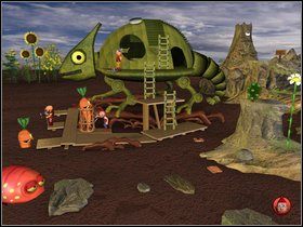 Gdy wyłonią się marchewy, zaczaruj środkową, a gdy będzie lewitować, niech Sztrenkf wciśnie przycisk - Etap dziewiąty - Mechaniczny kameleon | Gobliiins 4 - Gobliiins 4 - poradnik do gry