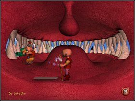 Postaw Thrabsa w głębi paszczy, po prawej strony języka, zaś Sztrenkf niech wespnie się na drabinę i uderzy w zwisający języczek - Etap jedenasty - Kawałek sałaty między zębami | Gobliiins 4 - Gobliiins 4 - poradnik do gry