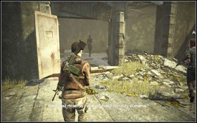 Wyrusz z dwiema towarzyszkami przed siebie [1] , a następnie skręć w lewo do pobliskiego budynku [2] - Rozdział 4 - Widoki (cz.1) | Opis przejścia | Terminator Ocalenie - Terminator: Ocalenie - poradnik do gry