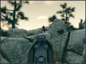 Znajdziesz się na bardziej otwartej przestrzeni, otoczonej niemal ze wszystkich stron skałami (oraz ze skałą na środku polany, która posłuży za Twoją osłonę) - Opis przejścia (2) | Rozdział VI | Call of Juarez Więzy Krwi - Call of Juarez: Więzy Krwi - poradnik do gry