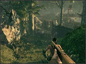 Dotrzesz w ten sposób na krawędź urwiska, z którego dostrzeżesz nie zaalarmowaną wioskę Indian (kamera pokaże Ci ognisko, obok którego leżeć będzie broń - snajperka - Opis przejścia (1) | Rozdział XI | Call of Juarez Więzy Krwi - Call of Juarez: Więzy Krwi - poradnik do gry