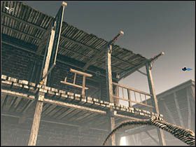 Po dotarciu do pierwszego budynku z nieprzyjaciółmi (wcześniej nie dojdzie do wymiany ognia), wyjmij lasso i korzystając z wystających krokwi, wejdź na balkon - Postacie | Rozdział XIII | Call of Juarez Więzy Krwi - Call of Juarez: Więzy Krwi - poradnik do gry