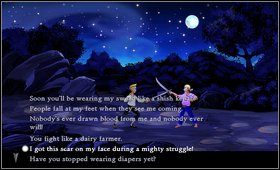 Aby opanować liczbę obelg niezbędną do pokonania mistrzyni stajemy na drogach po których snują się piraci i zaczepiamy ich (dobrym miejscem do zaczepek jest rozstaj dróg przy wejściu do lasu [M1: 4: Wejście do lasu ]) - Cz. I - Trzy próby (Opanowanie fechtunku - 1) - Opis przejścia - The Secret of Monkey Island: Special Edition - poradnik do gry