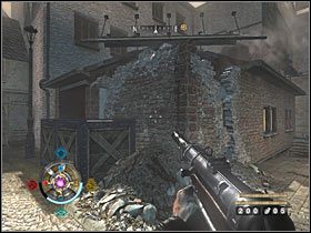 Sekret 26 (wschód): W okolicy południowego placu wskocz na zniszczony mur pokazanego na drugim screenie narożnego budynku - Etap 1 i 6 - Złoto (cz.4) | Sekrety Wolfenstein - Wolfenstein - poradnik do gry