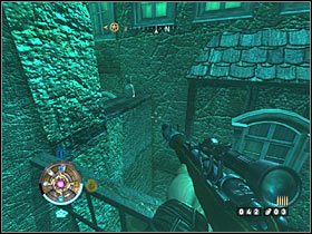 Sekret 39 (wschód): W południowo-zachodniej części placu musisz wejść po niewidzialnej drabinie, a następnie DOSKOCZYĆ do miejsca, w którym znajduje się sakiewka - Etap 1 i 6 - Złoto (cz.5) | Sekrety Wolfenstein - Wolfenstein - poradnik do gry