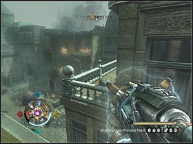 Sekret 6 (wschodnie centrum): W zachodniej części dzielnicy musisz skorzystać z drabiny, tak by znaleźć się w pokazanym na drugim screenie miejscu - Etap 15 i 18 - Złoto (cz.1) | Sekrety Wolfenstein - Wolfenstein - poradnik do gry