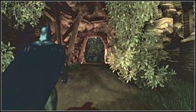 Po rozprawieniu się z przeciwnikami skieruj się na południe, przeskakując przez pokazany na pierwszym screenie murek z użyciem haka - Arkham Island #2 | Opis przejścia Batman Arkham Asylum - Batman: Arkham Asylum - poradniki