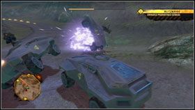 Staramy się pozostawać w ciągłym ruchu, ponieważ cały czas narażeni jesteśmy na ostrzał zarówno ze strony piechoty #1 , jak i czołgów #2 - Misje główne - Oasis - Guerrilla - Red Faction: Guerrilla - poradnik do gry