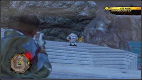 A jeśli mamy na to ochotę- nanokarabin w połączeniu z plecakiem odrzutowym pomogą nam dostać się na dach #1 , gdzie powitamy kolejnych snajperów #2 dwoma strzałami z tegoż karabinu, przypadającymi na każdego z nich - Misje główne - EOS (1) - Guerrilla - Red Faction: Guerrilla - poradnik do gry