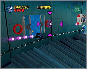 W komnacie z jądrem Gwiazdy na ścianie po lewej stronie zobaczysz dwa cele, które zaatakować możesz torpedami - gdy to zrobisz, ukaże się Power Brick - Chapter 6 - Into the Death Star - Free Play - Episode 6 - LEGO Star Wars: The Complete Saga - poradnik do gry