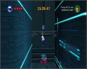 W przedostatniej lokacji z dwoma mechanicznymi ramionami, skręć w drugą wnękę po lewej i dostań się na górę przy pomocy kotwicy - Chapter 5 - Ruin of the Jedi - Challenges - Episode 3 - LEGO Star Wars: The Complete Saga - poradnik do gry