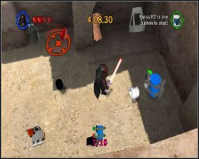 W lokacji, gdzie zrzucasz duży klocek z podwyższenia na ulicę, udaj się do prawego dolnego narożnika - Chapter 3 - Mos Eisley Spaceport - Challenges - Episode 4 - LEGO Star Wars: The Complete Saga - poradnik do gry