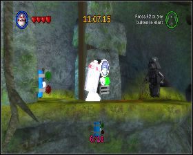 Pod koniec tunelu wskocz na szczyt kamieni z lewej i otwórz R2D2 bramę z lewej - Chapter 4 - Dagobah - Challenges - Episode 5 - LEGO Star Wars: The Complete Saga - poradnik do gry