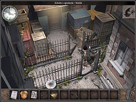 Otwórz bramkę i koluchem z ogrodzenia zablokuj ją na środkowej sztachecie po prawej, by pies nie mógł przedostać się w tę część oficyny, w której znajduje się Sylvie (jeśli nie uda Ci się wykonać tego manewru w narzuconym limicie czasowym, a nie zrobiłeś w stosownym momencie savea, musisz wrócić na - Ulice | Gibraltar | Chronicles of Mystery Drzewo Życia - Chronicles of Mystery: Drzewo Życia - poradnik do gry