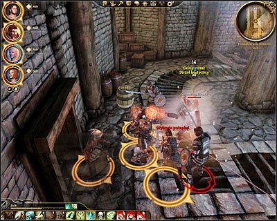 Zostaniesz zatrzymany tuż po dotarciu do pierwszego pomieszczenia lochów (M74, 2) i niezależnie od wyboru opcji dialogowej dojdzie do walki - Dragon Age Początek: Ratunek dla królowej (2) (Denerim) - Dragon Age: Początek - poradnik do gry