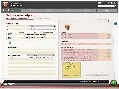 Ekran ten dzieli się na dwie części - Współpraca z innymi klubami - Sprawy klubowe - FIFA Manager 10 - poradnik do gry