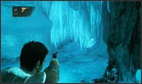 Stojąc na kolejnej skalnej półce (wcześnie pokonując kilka metrów) rozejrzyj się, a dostrzeżesz następny ląd [sekret 5] , na który będziesz mógł się dostać (z drabiną w tle) - Rozdział 17 W górach (2) | Opis przejścia Uncharted 2 Among Thieves - Uncharted 2: Among Thieves - poradnik do gry