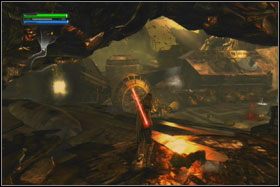Wyjście z wąwozu zablokowane jest przez lejącą się z góry lawę - Misja 02 - Raxus Prime (cz.2) - Opis przejścia - Star Wars: The Force Unleashed - Ultimate Sith Edition - poradnik do gry