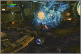 Pokonaj kolejne droidy i kiedy dojdziesz do wielkiego silnika blokującego przejście, użyj na nim Błyskawic - Misja 02 - Raxus Prime (cz.3) - Opis przejścia - Star Wars: The Force Unleashed - Ultimate Sith Edition - poradnik do gry