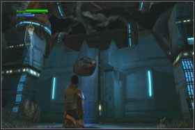 Idącego w Twoim kierunku AT-ST najłatwiej pozbyć się, sukcesywnie się cofając i ciskając w niego porozrzucanymi wokół wielkimi głazami - Misja 06 - Imperial Kashyyyk (cz.1) - Opis przejścia - Star Wars: The Force Unleashed - Ultimate Sith Edition - poradnik do gry