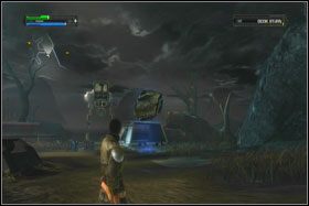 Walka z maszyną kroczącą jest dość banalna i sprowadza się do ciskania w nią z bezpiecznej odległości porozrzucanymi wokół kontenerami i odłamkami skalnymi - Misja 06 - Imperial Kashyyyk (cz.2) - Opis przejścia - Star Wars: The Force Unleashed - Ultimate Sith Edition - poradnik do gry