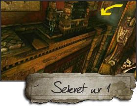 Po wspinaczce na pierwszej części ostrza, przejdziesz po czerwonej twarzy i odblokujesz nowe przejście (w trakcie krótkiej scenki, kamera pokaże jak wysuwają się stopnie, po których będziesz wstanie zejść na dół, do pierwszego lustra) - Rozdział 9 | Sekrety - Lokalizacja | Uncharted 2 Among Thieves - Uncharted 2: Among Thieves - poradnik do gry